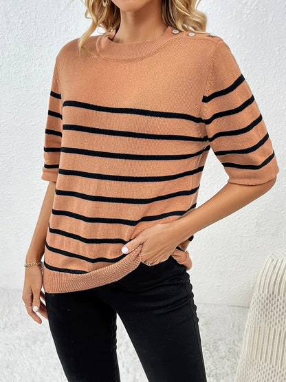 Striped Round Neck Half Sleeve Knit Top - adritiX