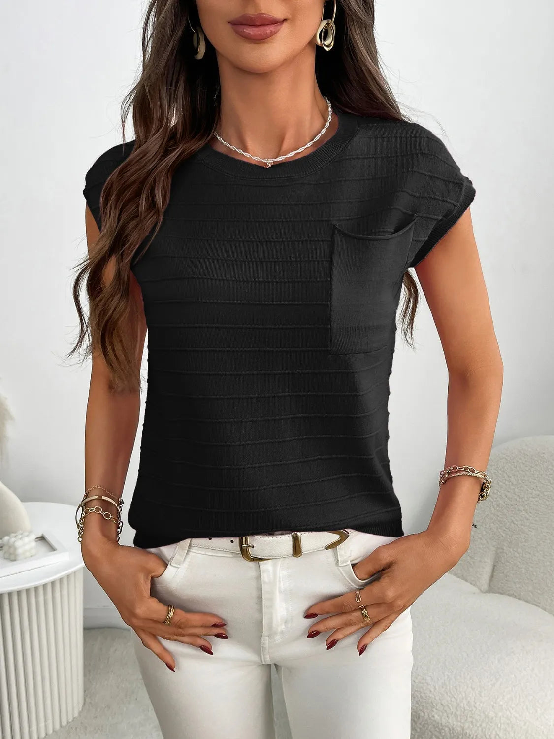 Round Neck Cap Sleeve Knit Top - adritiX