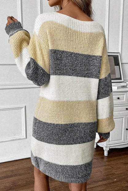 Color Block Boat Neck Long Sleeve Sweater Dress - adritiX