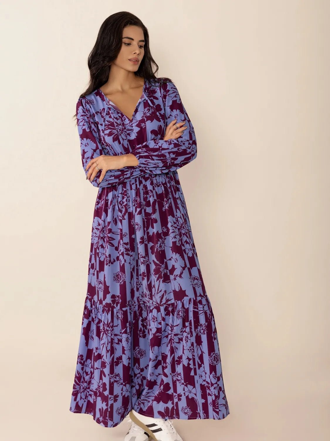 Printed Tie Neck Balloon Sleeve Maxi Dress - adritiX