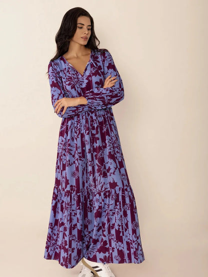 Printed Tie Neck Balloon Sleeve Maxi Dress - adritiX