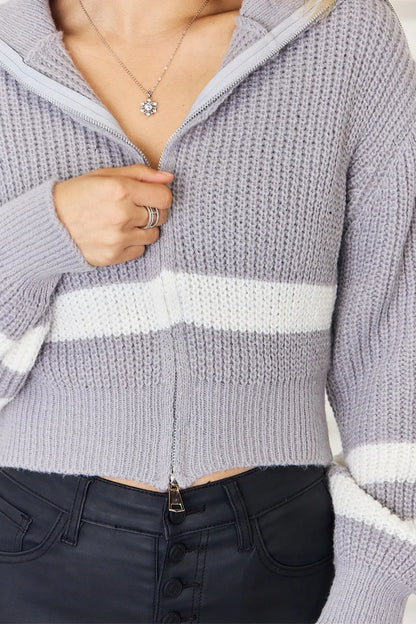 Striped Zip Up Dropped Shoulder Cardigan - adritiX
