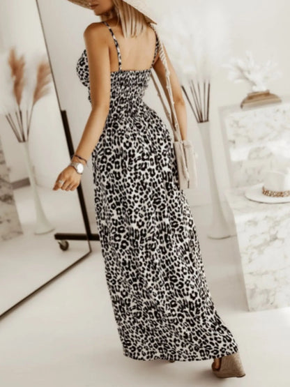 Leopard Print Spaghetti Strap Summer Maxi Dress - adritiX