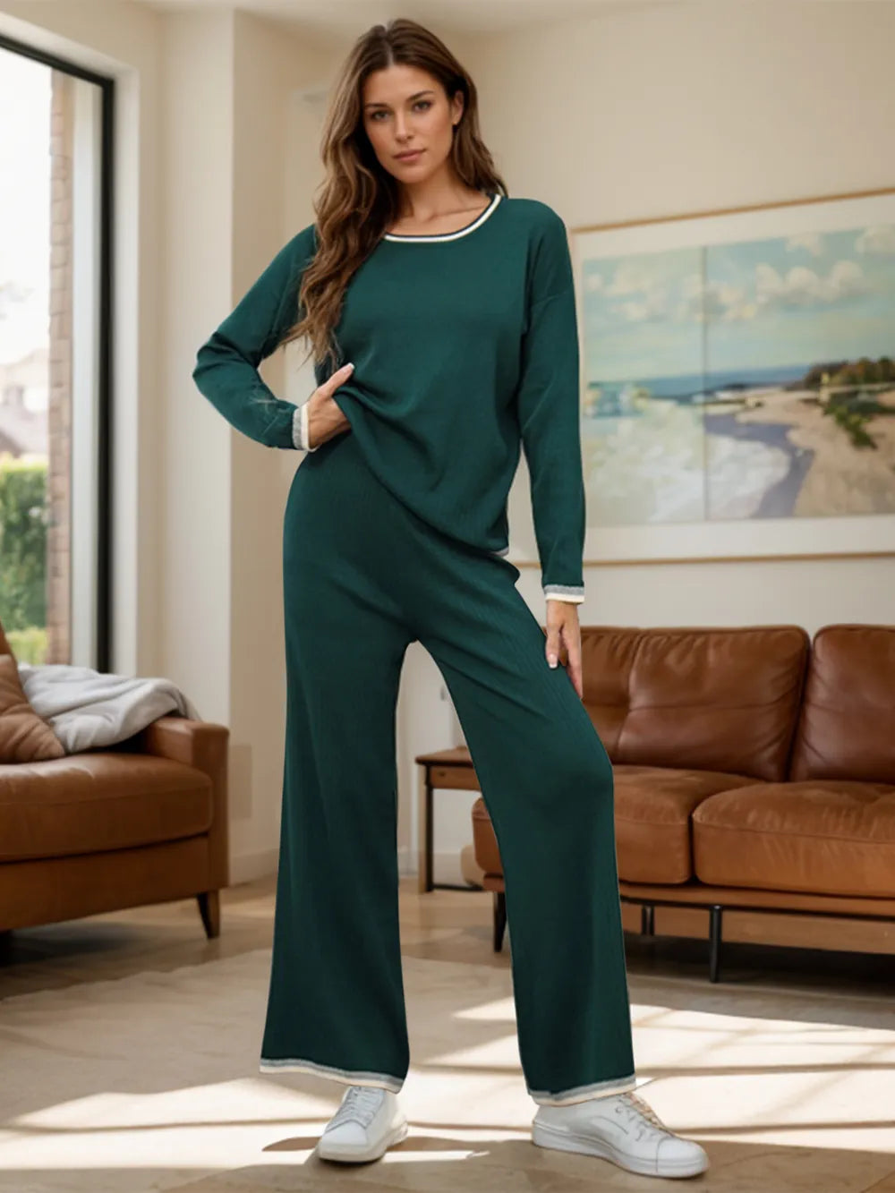 Elegant Contrast Trim Round Neck Top and Pants Sweater Set - adritiX