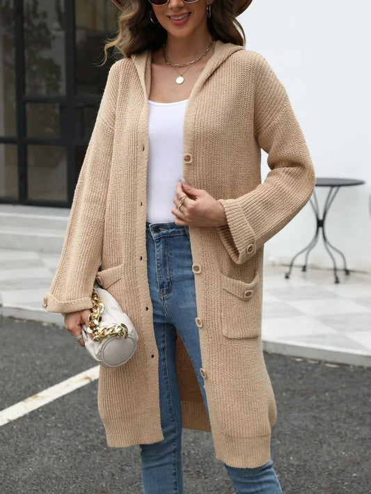 Pocketed Button Up Long Sleeve Hooded Cardigan - adritiX