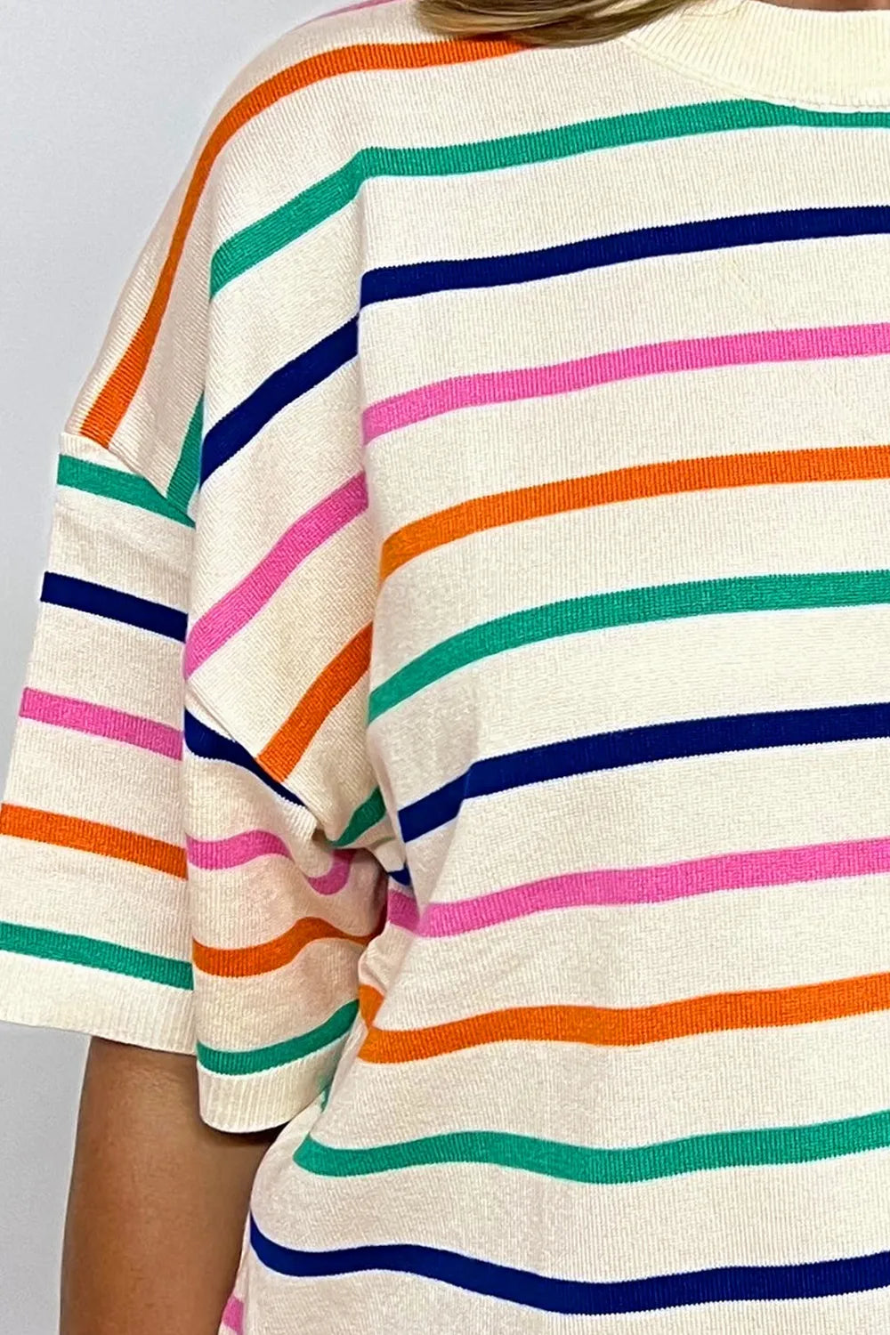 Striped Round Neck Half Sleeve Knit Top - adritiX