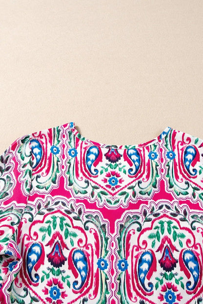 Printed Tie Neck Short Sleeve Dress - adritiX