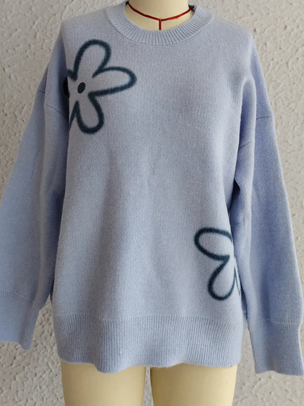 Flower Round Neck Long Sleeve Sweater - adritiX