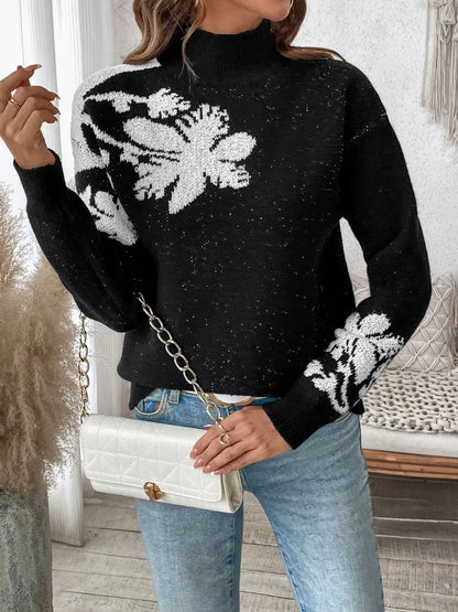 Perfee Flower Mock Neck Long Sleeve Sweater - adritiX