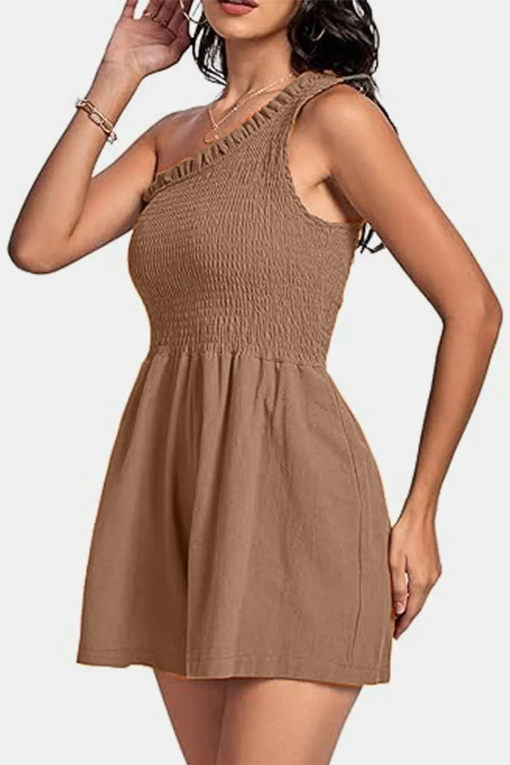 Elegant Smocked Single Shoulder Romper - adritiX