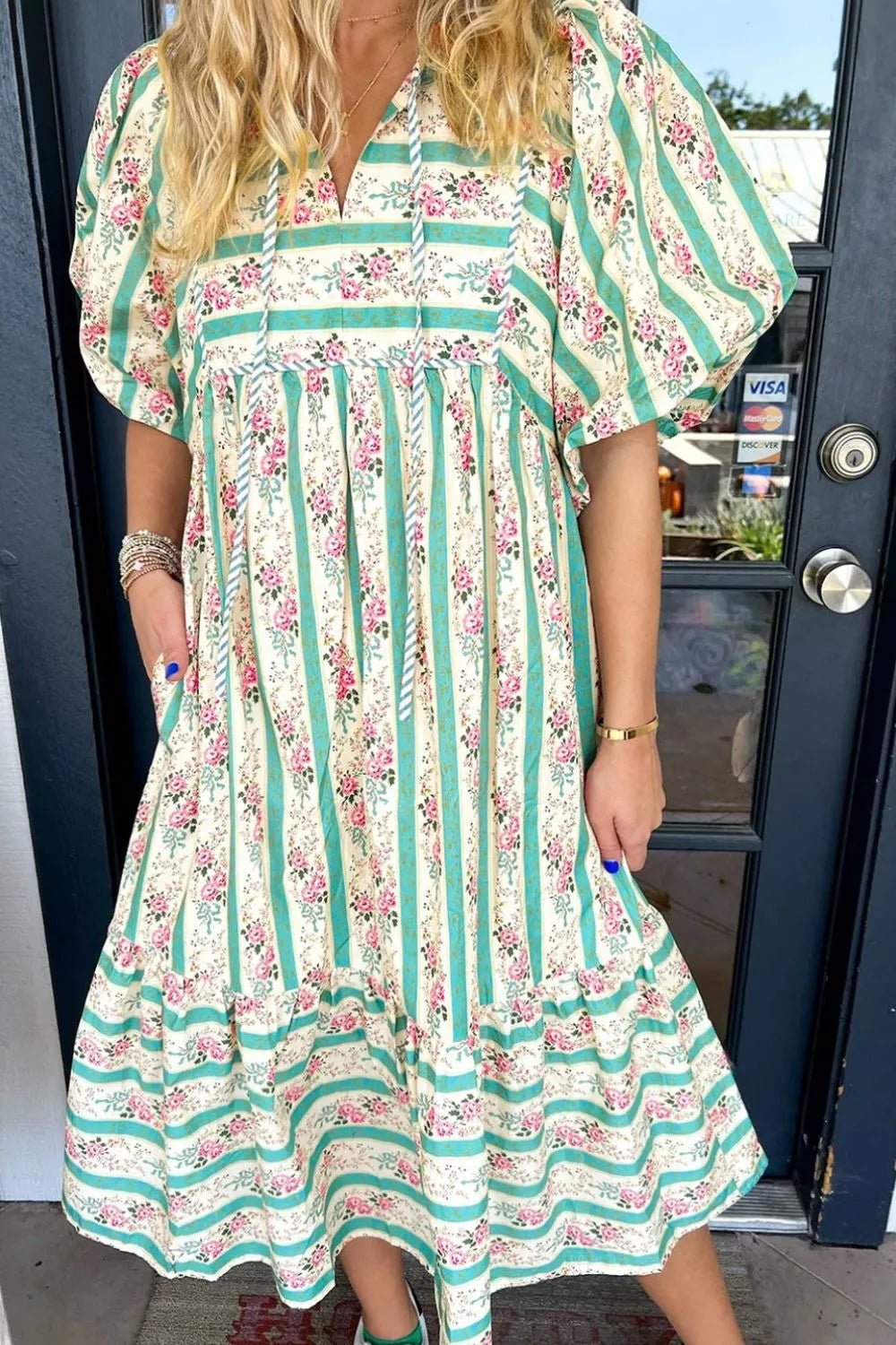 Striped Floral Print Tie Neck Puff Sleeve Midi Dress - adritiX