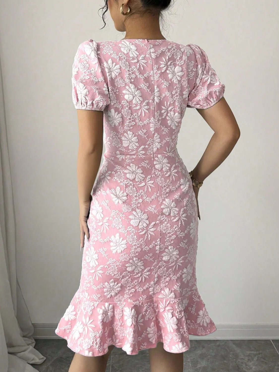 Ruffled Hem Flower Round Neck Short Sleeve Dress - adritiX