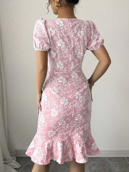 Ruffled Hem Flower Round Neck Short Sleeve Dress - adritiX