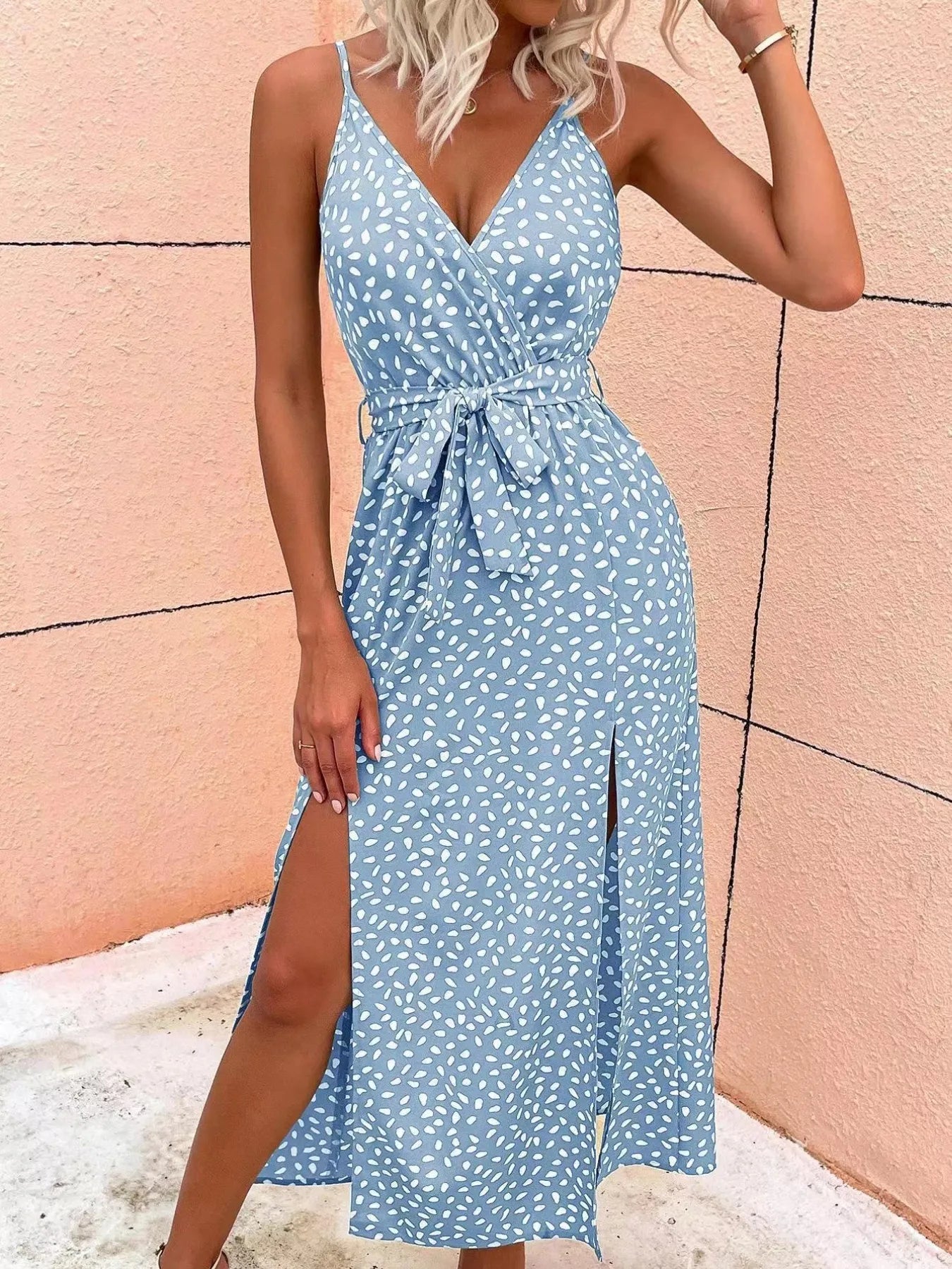 Slit Printed Surplice Midi Dress - adritiX