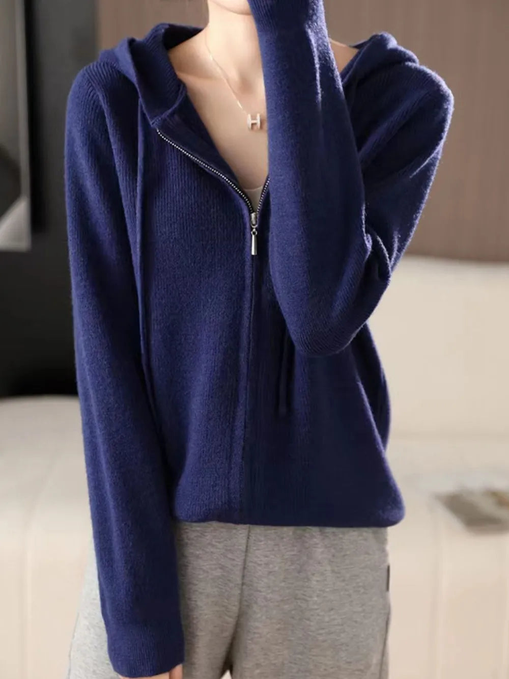 Drawstring Zip Up Long Sleeve Hooded Sweater - adritiX