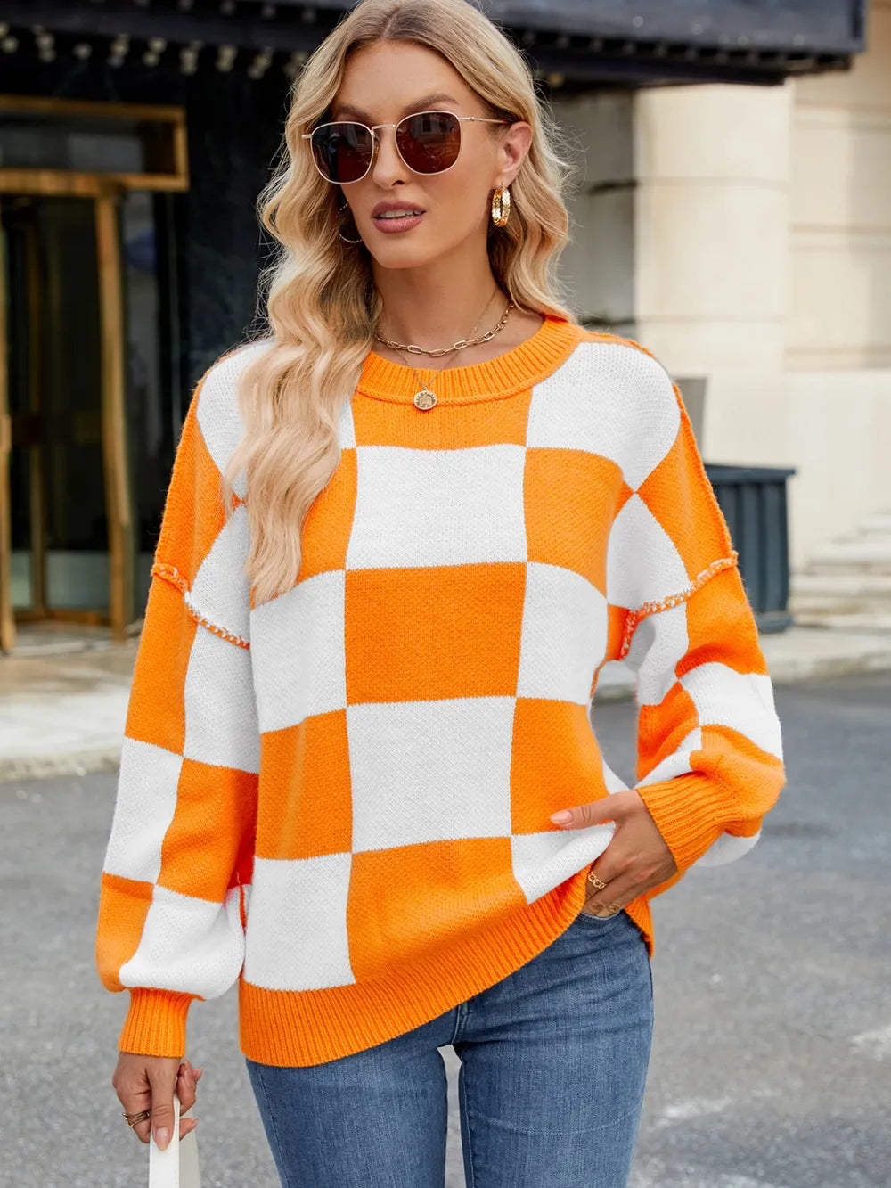 Checkered Round Neck Long Sleeve Sweater - adritiX