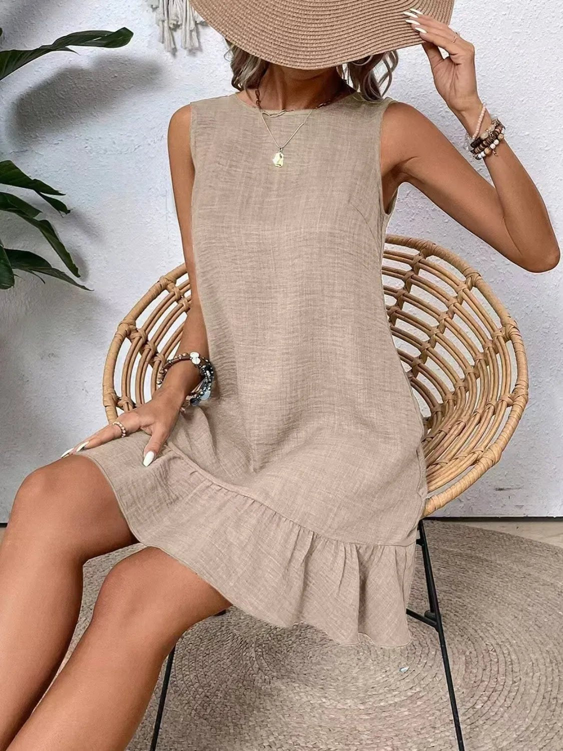 Ruffled Hem Round Neck Sleeveless Dress - adritiX