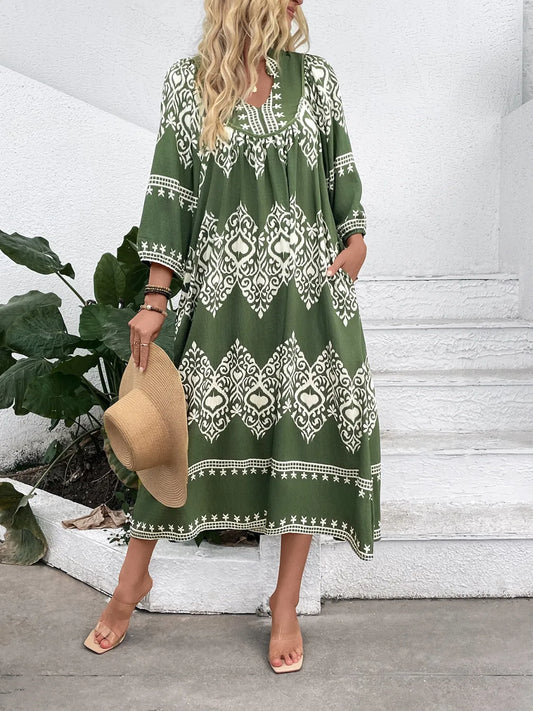 Printed Notched Midi Dress with Pockets - adritiX