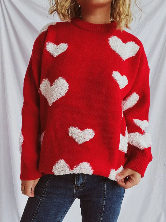 Heart Round Neck Dropped Shoulder Sweater - adritiX