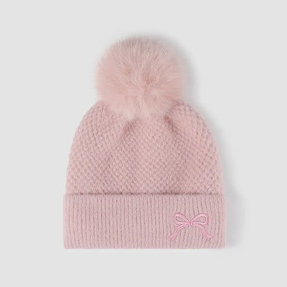 Thermal Bow Knit Hat with Pompom - adritiX