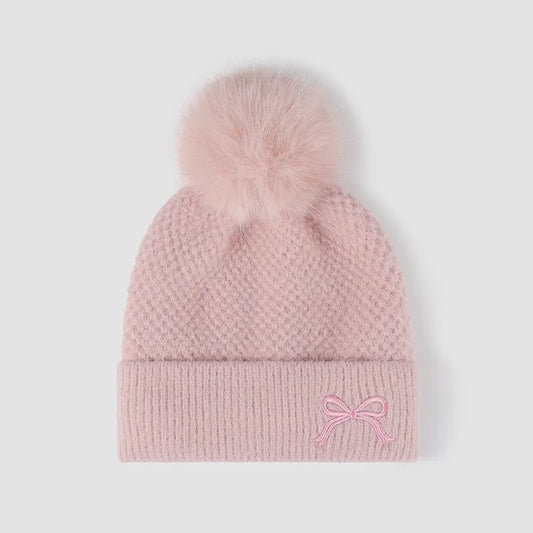 Thermal Bow Knit Hat with Pompom - adritiX