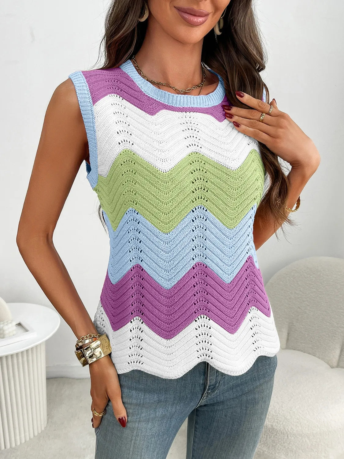 Color Block Round Neck Sweater Vest - adritiX