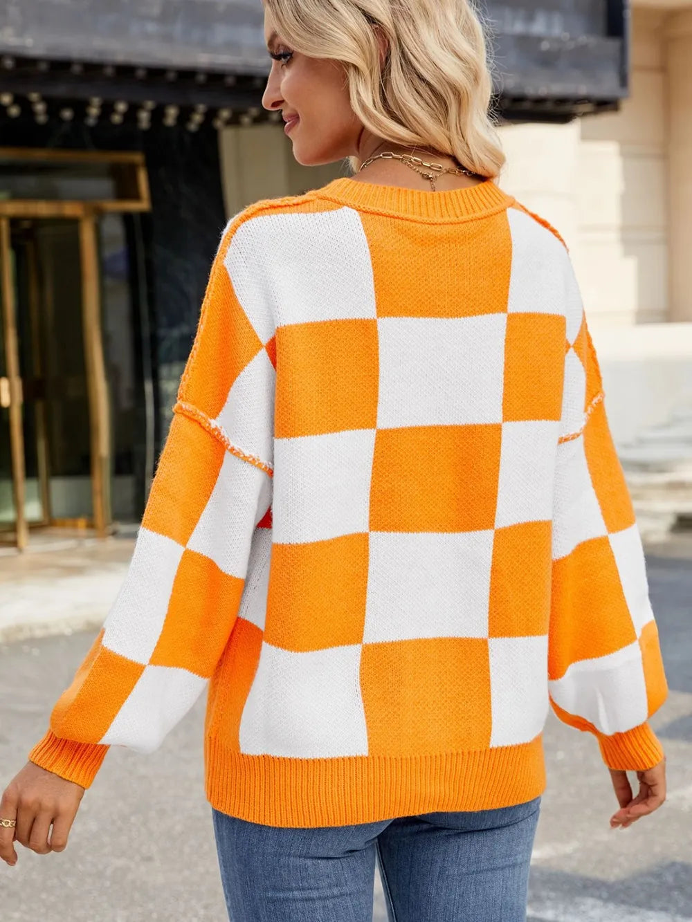 Checkered Round Neck Long Sleeve Sweater - adritiX