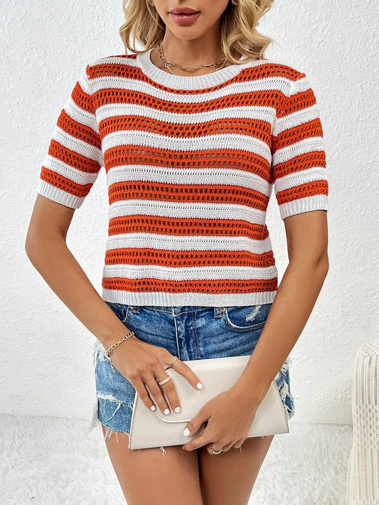 Openwork Striped Round Neck Short Sleeve Knit Top - adritiX