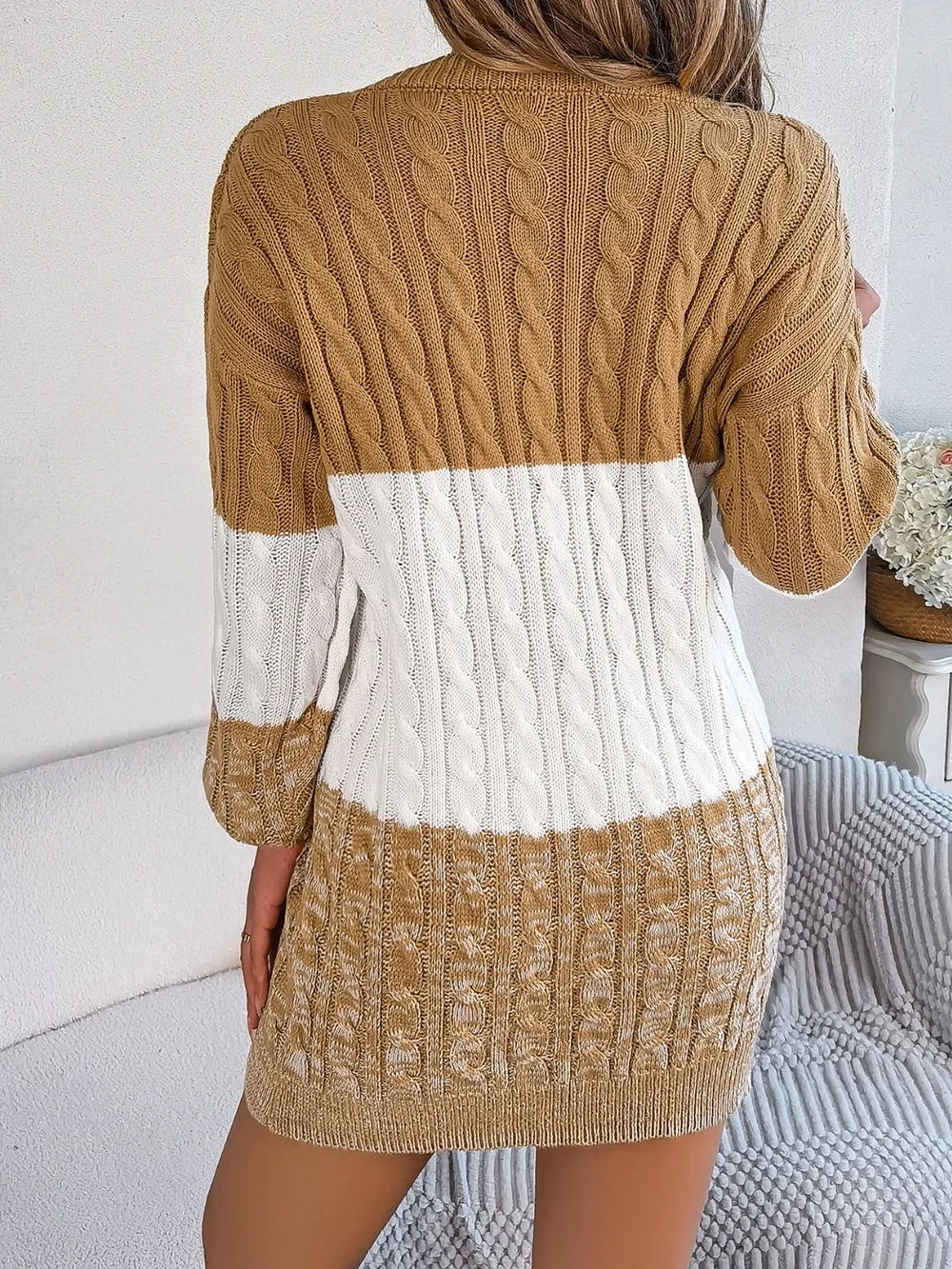 Cable-Knit Round Neck Color Block Sweater Dress - adritiX