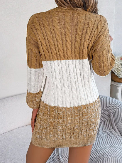Cable-Knit Round Neck Color Block Sweater Dress - adritiX