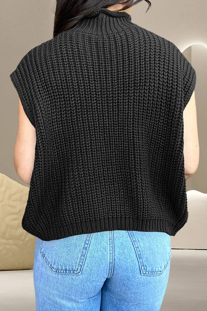 Cable-Knit Mock Neck Cap Sleeve Sweater - adritiX