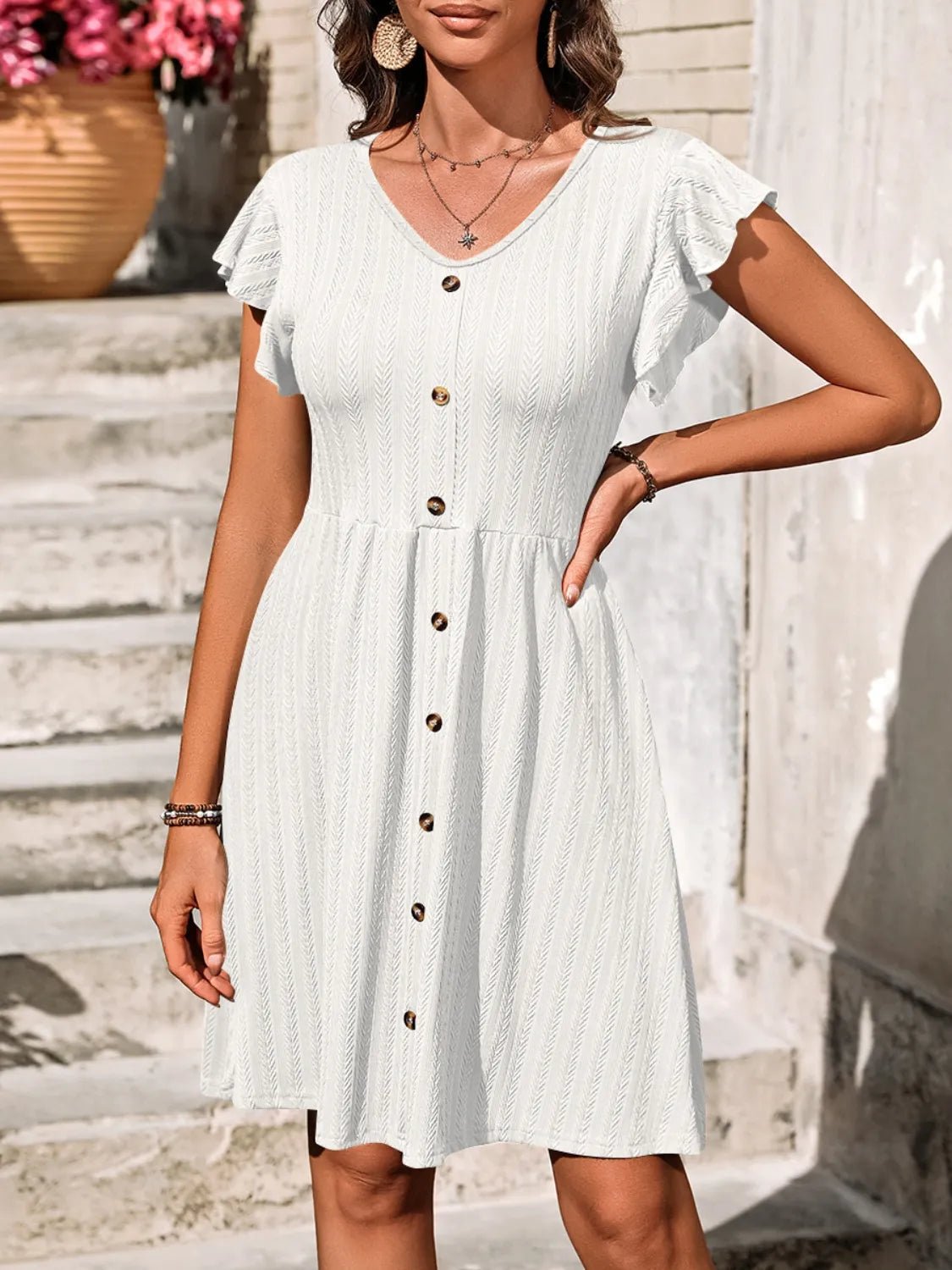 V-Neck Ruffled Cap Sleeve Dress - adritiX