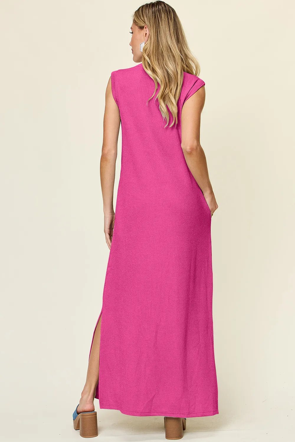 Double Take Full Size Texture Mock Neck Sleeveless Maxi Dress - adritiX