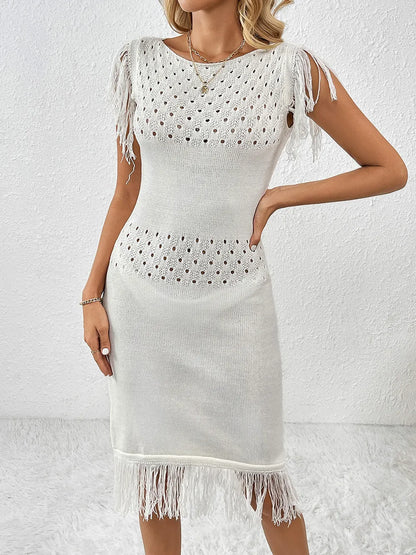 Fringe Openwork Boat Neck Knit Dress - adritiX