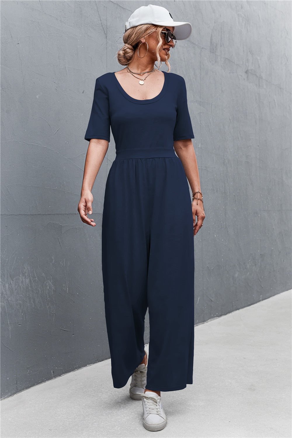 Elegant Scoop Neck Half Sleeve Wide Leg Jumpsuit - adritiX