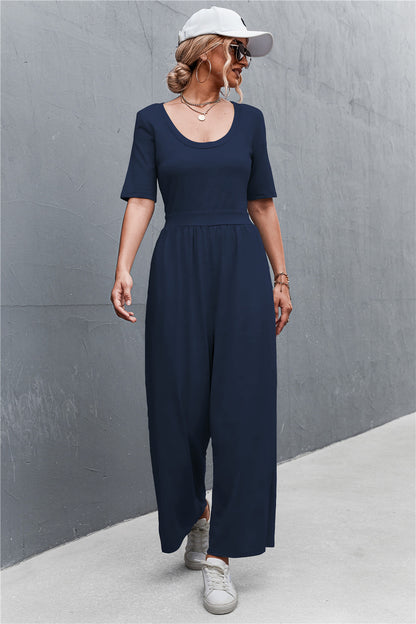 Elegant Scoop Neck Half Sleeve Wide Leg Jumpsuit - adritiX