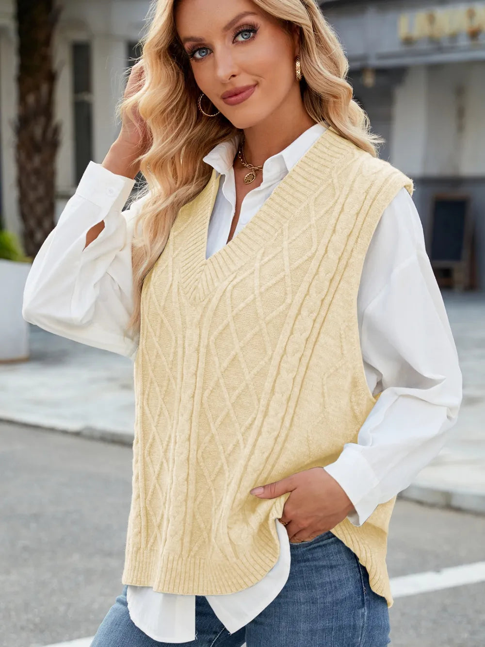 Cable Knit V-Neck Sweater Vest - adritiX