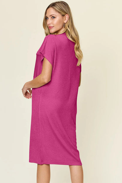 Double Take Full Size Texture Mock Neck Short Sleeve Dress - adritiX