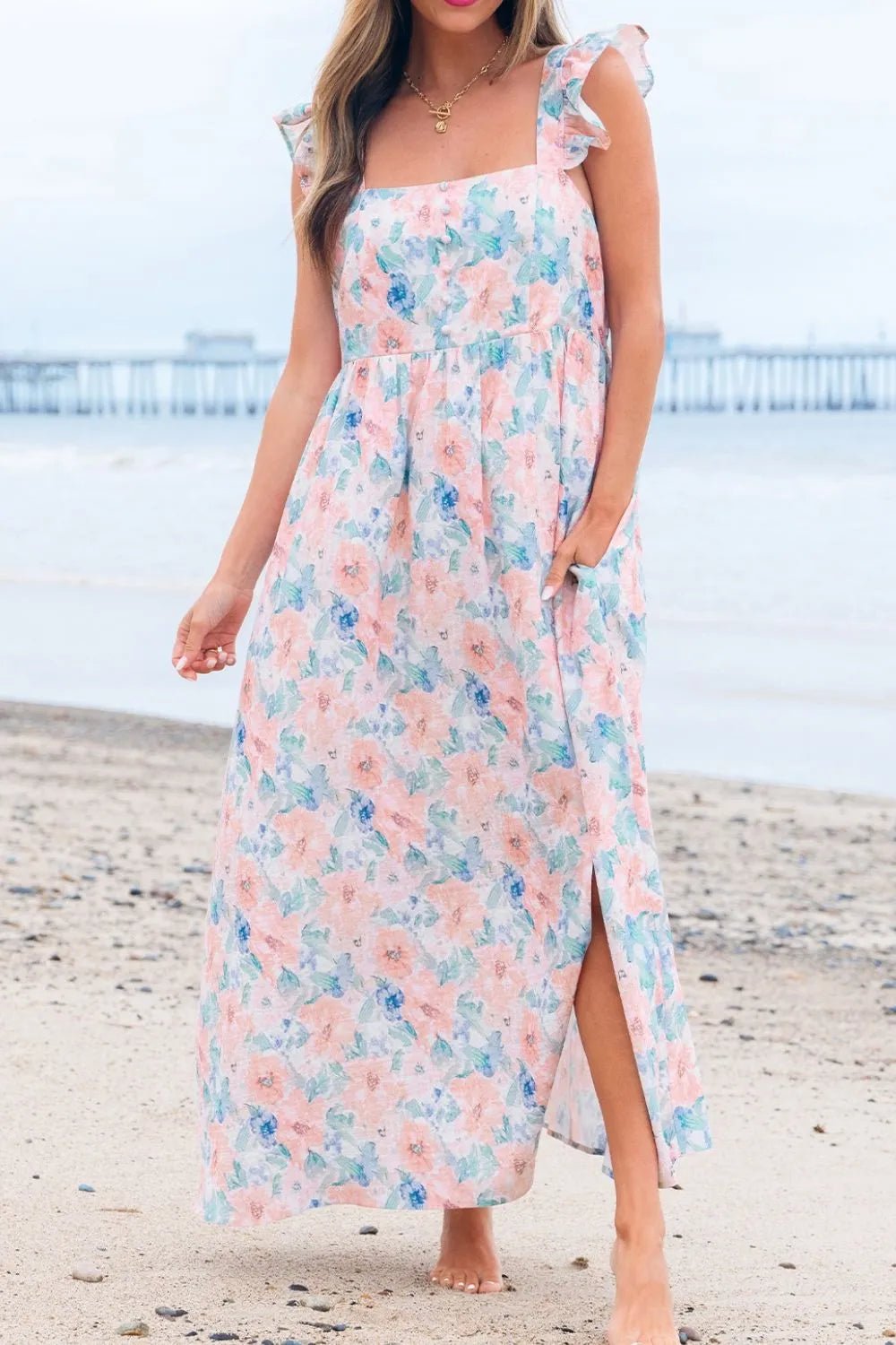 Floral Colorblock Flutter Straps Flowy Dress - adritiX