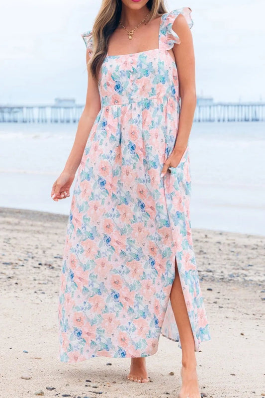Floral Colorblock Flutter Straps Flowy Dress - adritiX