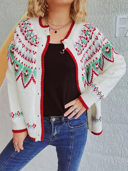 Contrast Geometric Round Neck Long Sleeve Cardigan - adritiX