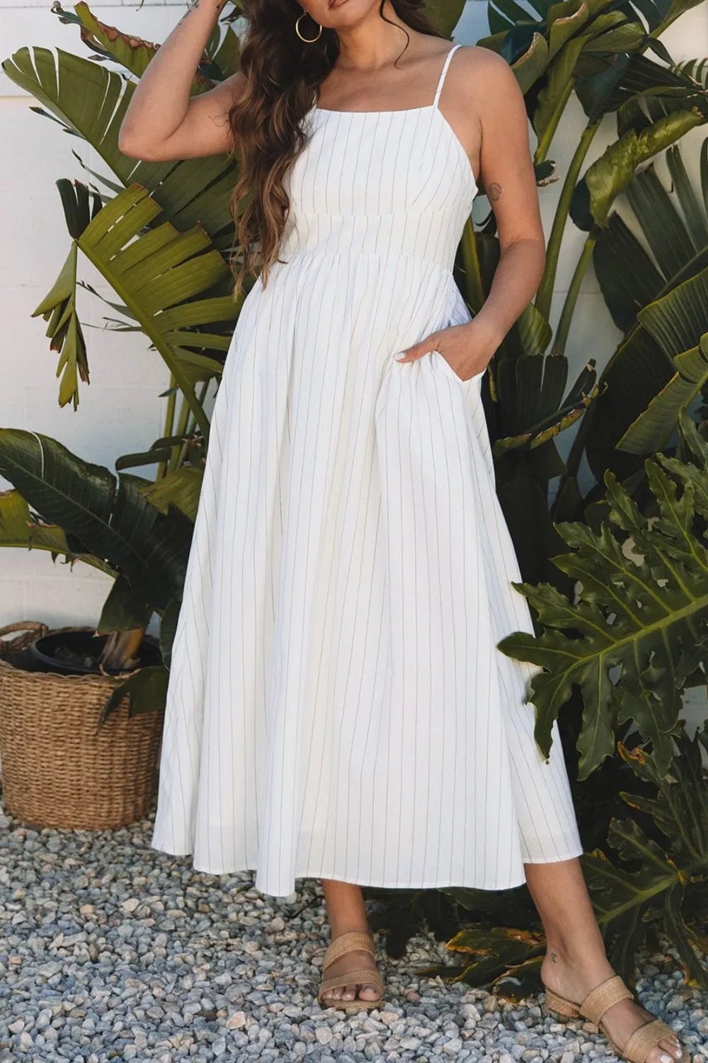 Stripe Square Neck Cami Dress with Pockets - adritiX