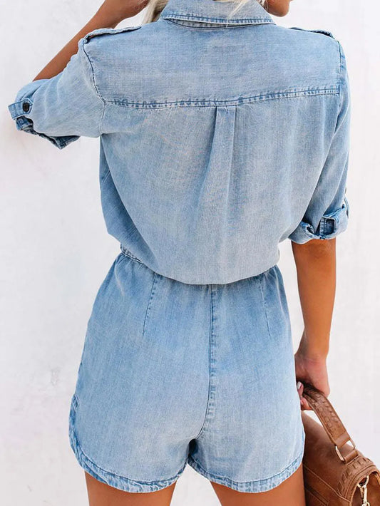 Elegant Drawstring Half Button Half Sleeve Denim Romper - adritiX