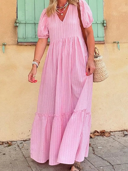Striped Puff Sleeve V-Neck Maxi Dress - adritiX