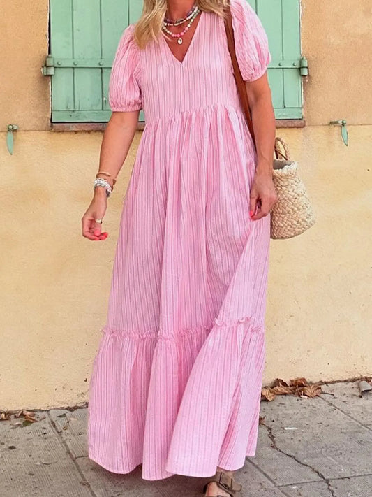 Striped Puff Sleeve V-Neck Maxi Dress - adritiX