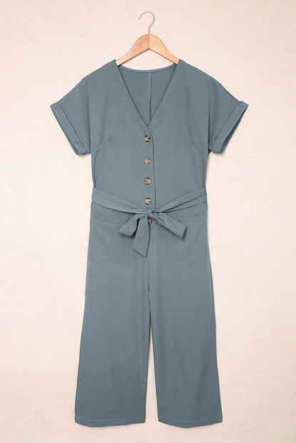Elegant Tie-Waist Buttoned Cropped Jumpsuit - adritiX