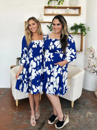 Double Take Full Size Floral Ruffle Hem Smocked Dress with Pockets - adritiX