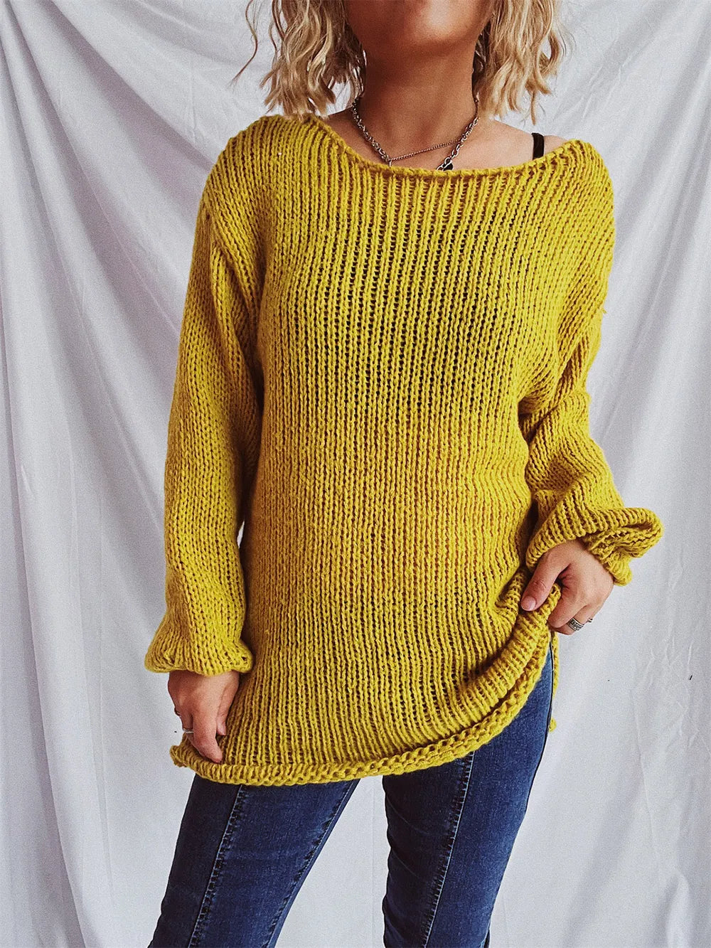 Boat Neck Dropped Shoulder Sweater - adritiX