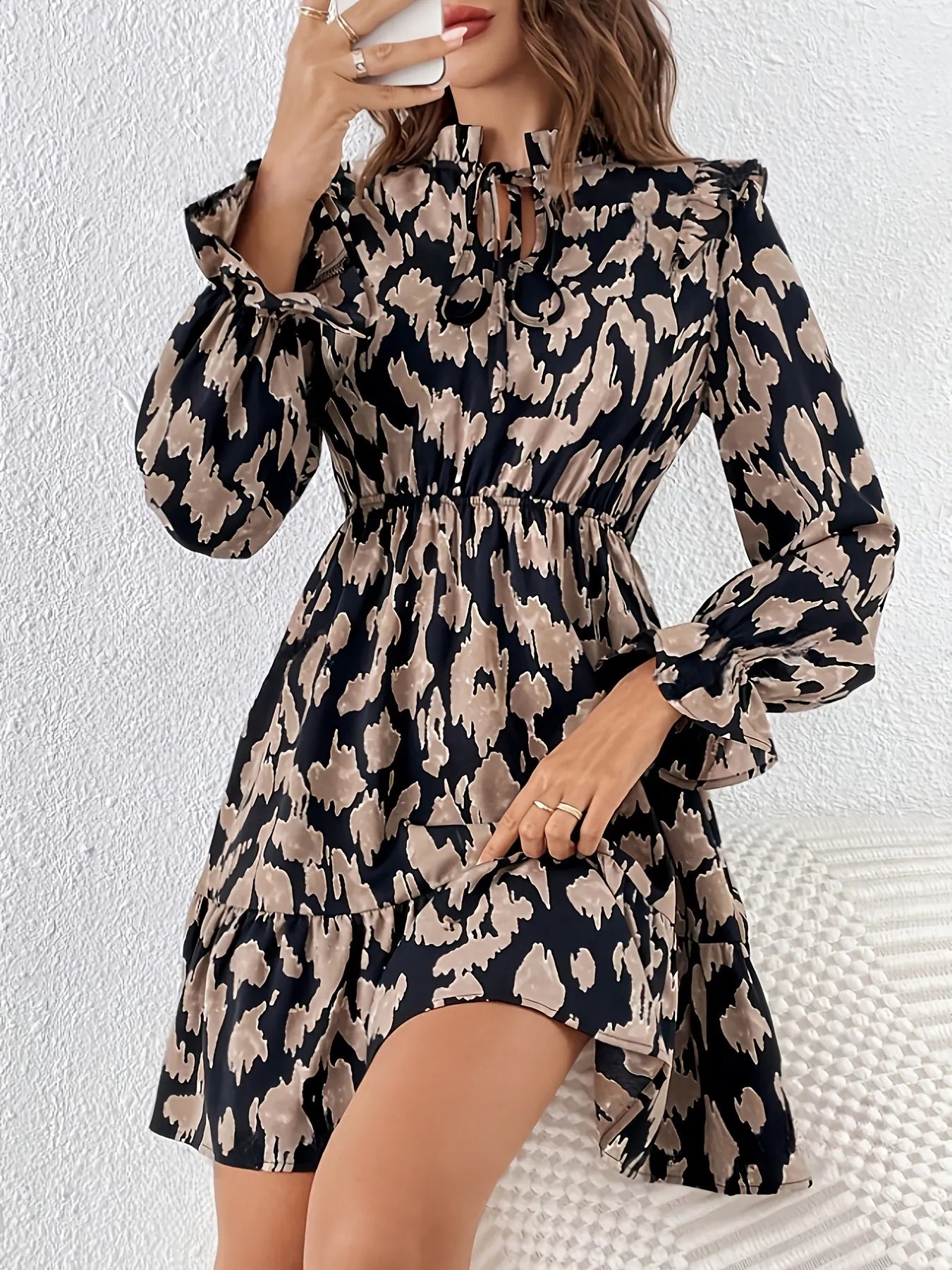 Tie Neck Flounce Sleeve Dress - adritiX