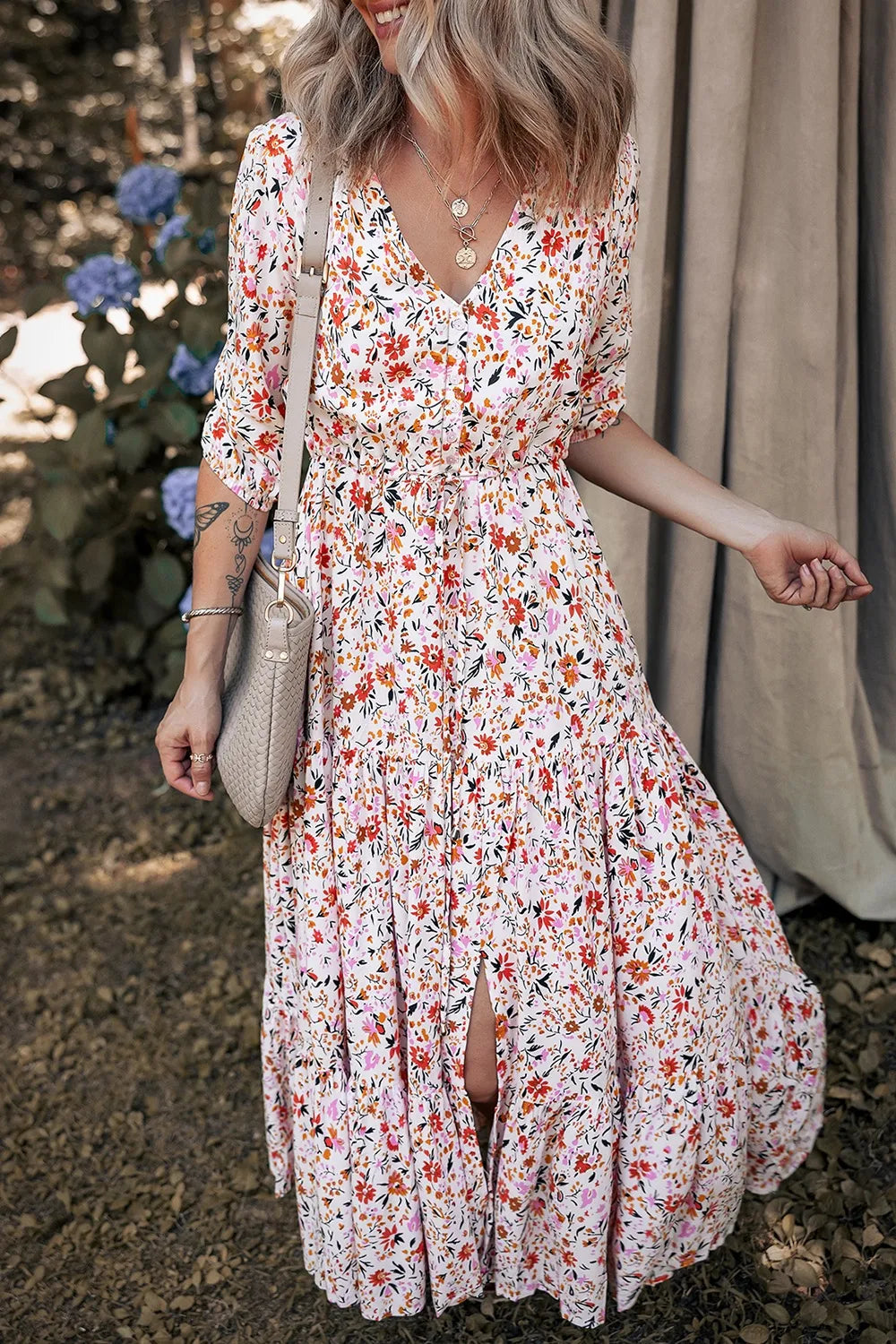 Elegant Boho Half Sleeve Floral V Neck Maxi Dress - adritiX